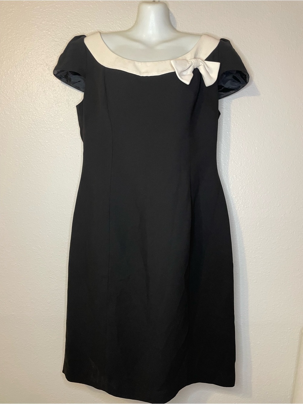 Coquette Boat Neck Black Dress with Cream Trim and Bow Accent
